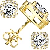 SUNFFEL Moissanite Halo Earrings Stud Screw Back 925 Sterling Silver Square Cut Brilliant Moissanite Gold/Silver Halo Earrings for Women Men