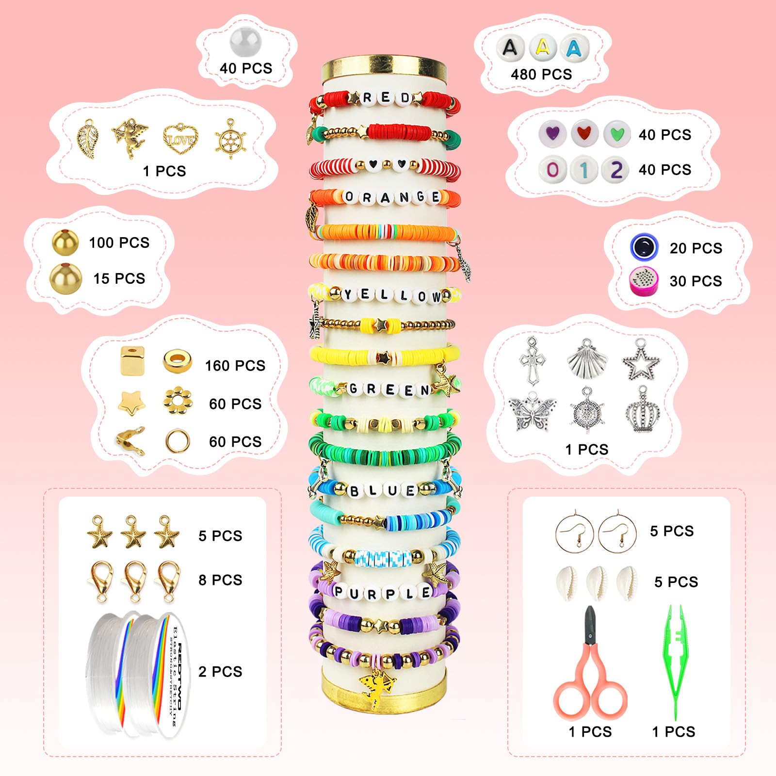 Redtwo 23000 Pcs Clay Beads Bracelet Making Kit 144 Colors 7 Boxes Flat Polymer Heishi Beads Set for Friendship Jewelry Making with Pendant Charms Crafts Gifts for Girls Ages 6-12 Kids Adults