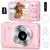 Digital Camera 4K Autofocus Vlogging Camera for Photography with 16X Zoom Anti Shake, 32G8 Card, 48MP Compact Portable Point and Shoot Camera Gift for Kids Beginner (Pink)