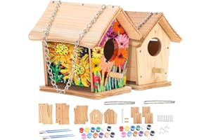CEDAR ALPHA 2pc DIY Birdhouse Kit for Kids, Cedar Wood Bird House Kits Bulk for Kids and Adults, Art Craft Outdoor Birdhouse, Solid Wood Weather Proof Material Painting Kit, Chain for Tree Hanging Age 8+