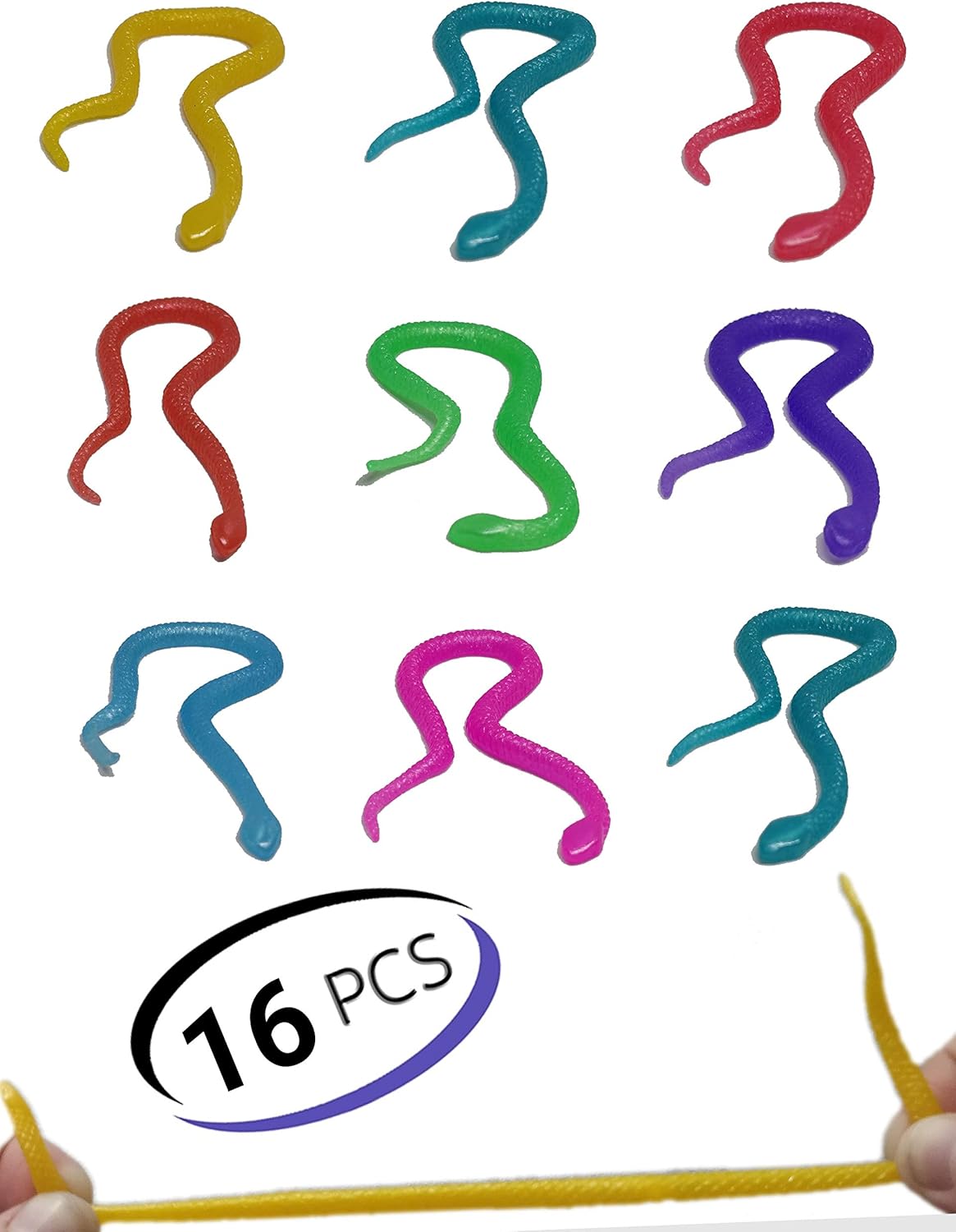 UpBrands Stretchy Snakes Toys 6 Inches Bulk Set, 8 Glitter Colors, Kit for Birthday Party Favors for Kids, Goodie Bags, Easter Egg Basket Stuffers, Pinata Filler, Small Classroom Prizes (16 Pack)