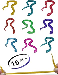 UpBrands Stretchy Snakes Toys 6 Inches Bulk Set, 8 Glitter Colors, Kit for Birthday Party Favors for Kids, Goodie Bags, Easter Egg Basket Stuffers, Pinata Filler, Small Classroom Prizes (16 Pack)