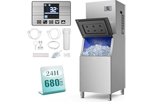 LIONCHO Commercial Ice Maker Machine 680LBS/24h with 560 LBS Storage Bin, Ice Ready in 8-15 Min, Self Cleaning Stainless Steel Industrial Ice Machine for Bar Restaurant Cafe