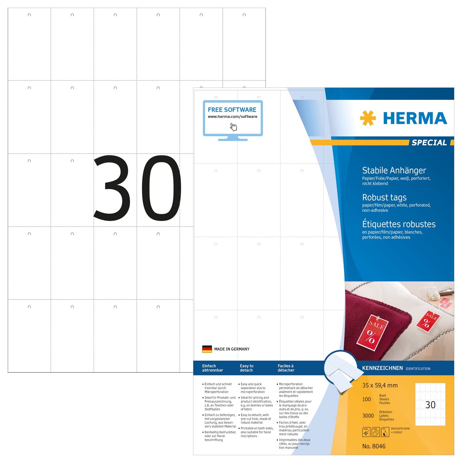 HERMA Printable Tags, 30 Pieces Labels per A4 Sheet, 100 Sheets, 35 x 59.4 mm, 3000 Pieces, Blank Rectangle Price Tags, Perforated Jewellery Hang Tags for Laser & Inkjet Printer, White