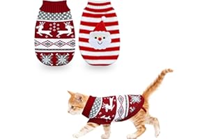 PAYHTOW 2 Pack Cat Christmas Sweater, Knit Turtleneck Cat Sweater Clothes Reindeer Santa Christmas Sweaters Outfit for Cats Kitten Puppy Small Dogs S