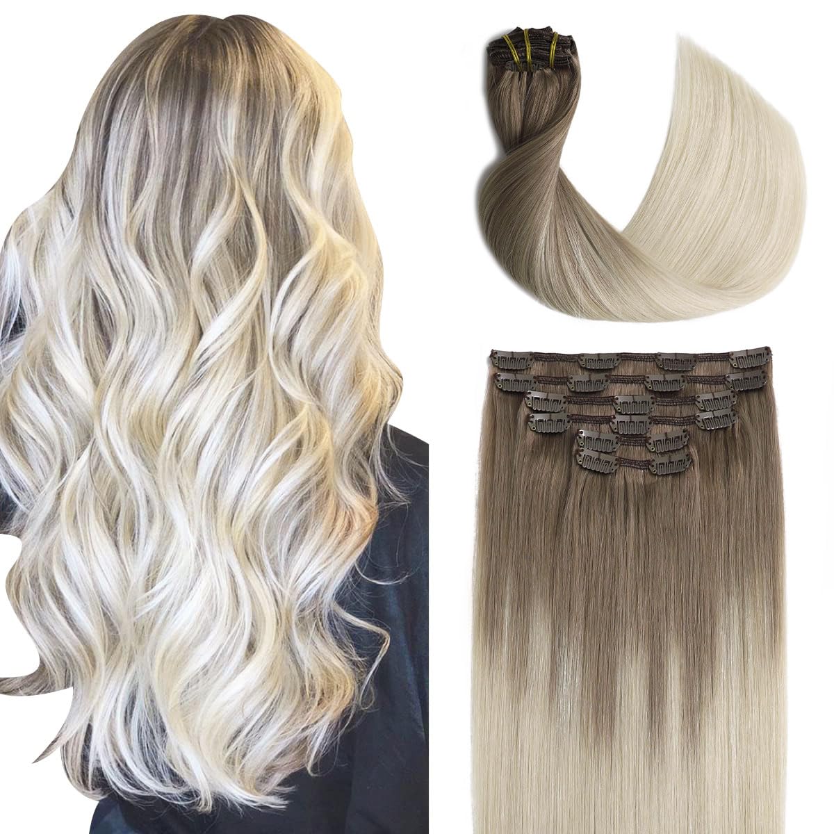 Sindra Clip in Hair Extensions Human Hair, 16 Inch 100g 6 Pieces Ombre Ash Brown and Platinum Blonde Clip in Extensions #8/60,16" — image 1