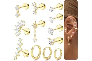 Incaton 20G Cartilage Piercing Jewelry Flat back Helix Earrings for Women Hypoallergenic Surgical Steel Gold Cartilage Hoop Earring Set Daith Tragus Conch Flat Back Stud Earrings