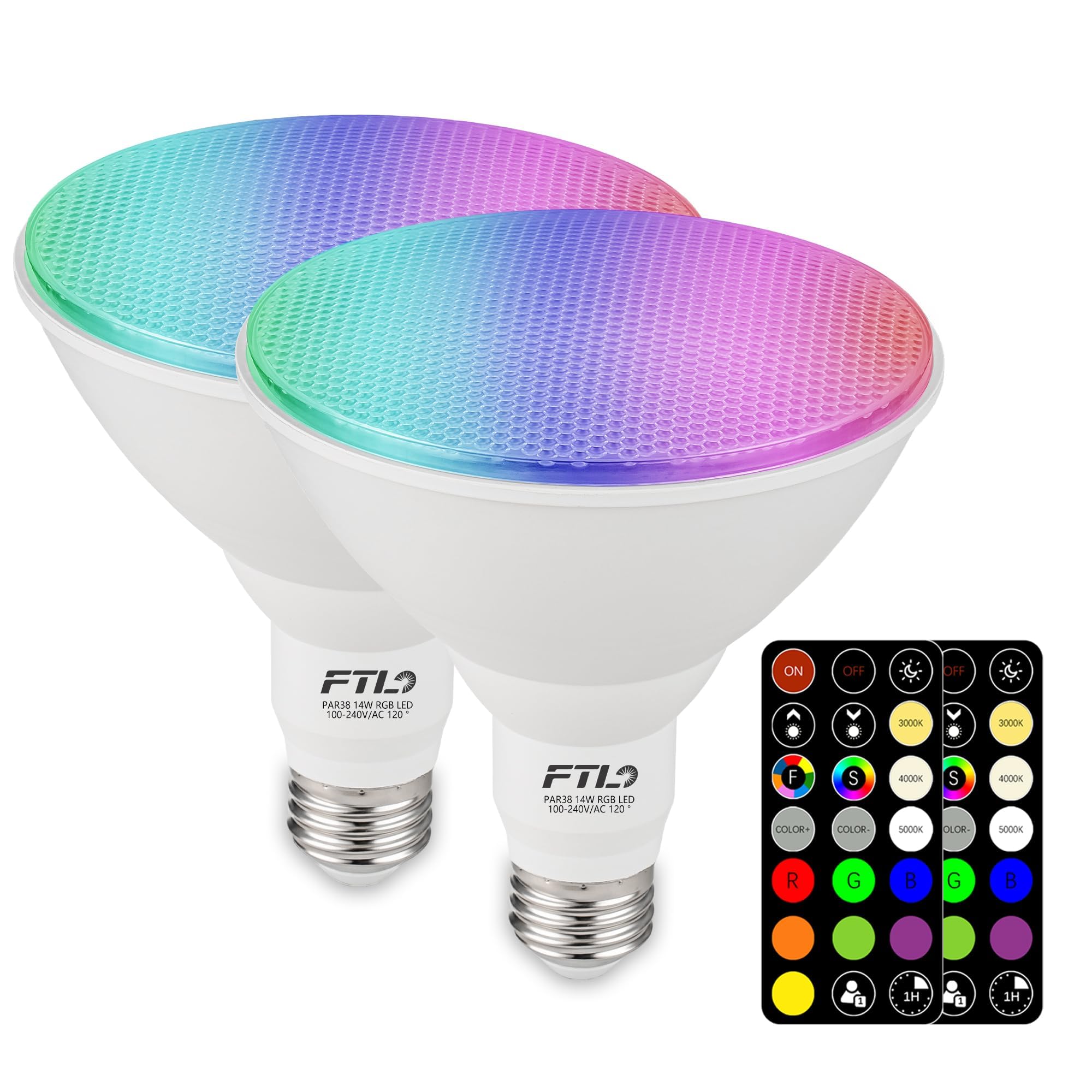 Photo 1 of ***MISSING REMOTE **SELLING AS IS INCOMPLETE*** FTL PAR38 LED Color Changing Flood Light Bulb with Remote Control, Dimmable RGB Colored Light Bulbs 14W=100W, 30 Colors, Timer, 2700K-6000K, Outdoor Spotlight Bulbs for Recessed Can Lighting 1-Pack