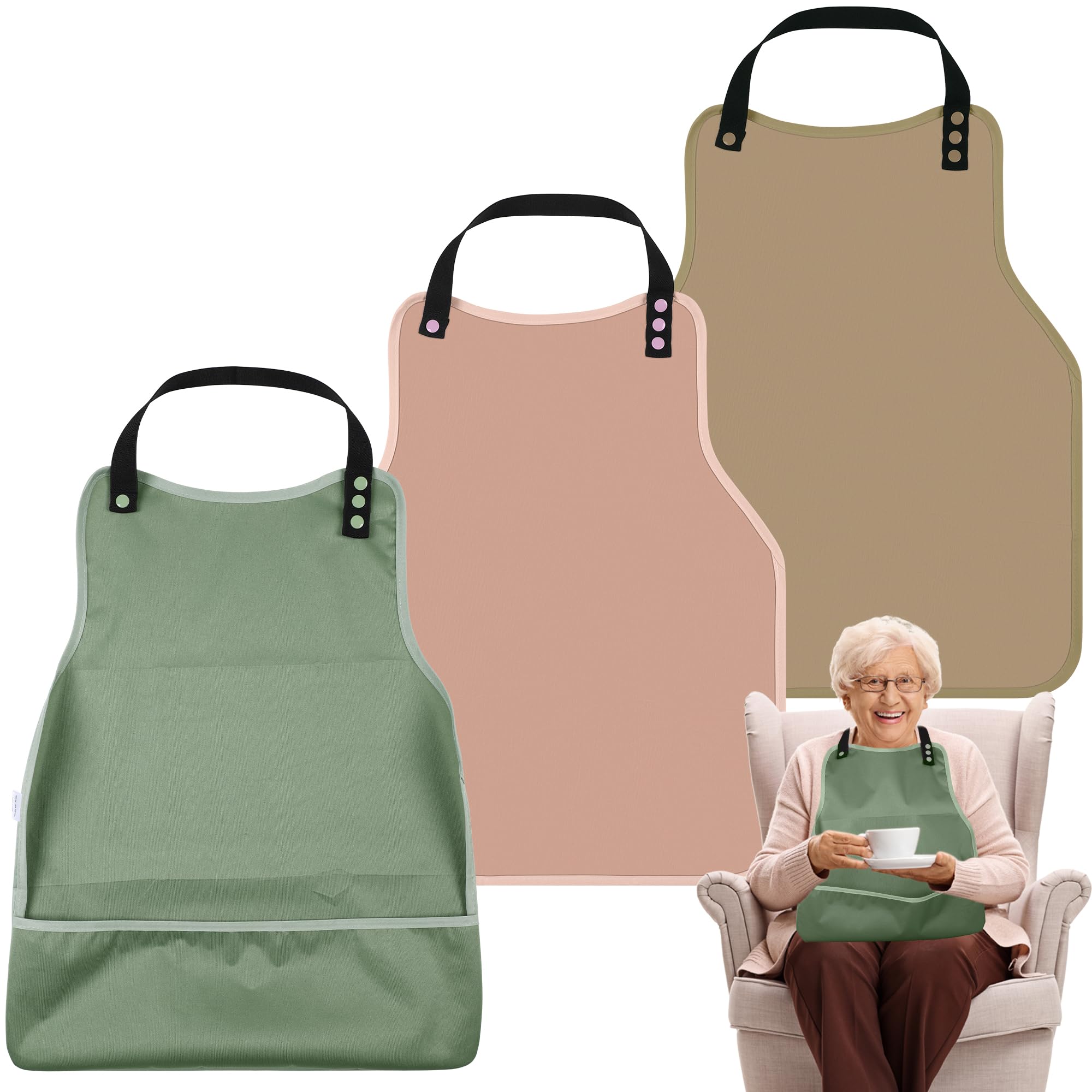 Photo 1 of Adult Bibs-3 Pcs Washable Clothing Protector with Upgraded Crumb Catcher, Reusable Waterproof Large Feeding Adult Bibs for Men Women, Pink,Green&Yellow)