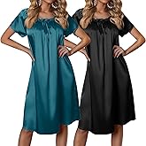 Ekouaer Satin Nightgowns for Women 2 Pack Silk Nightgown Pleated Loose Night Shirts Short Sleeve Sleep Shirts