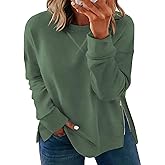 VISLILY Plus Size Fall Tops Cute Side Slit Sweatshirt Loose Fit Crewneck Tshirts Loose Fit Casual Work Women's Tunics 4Xl Deep Green