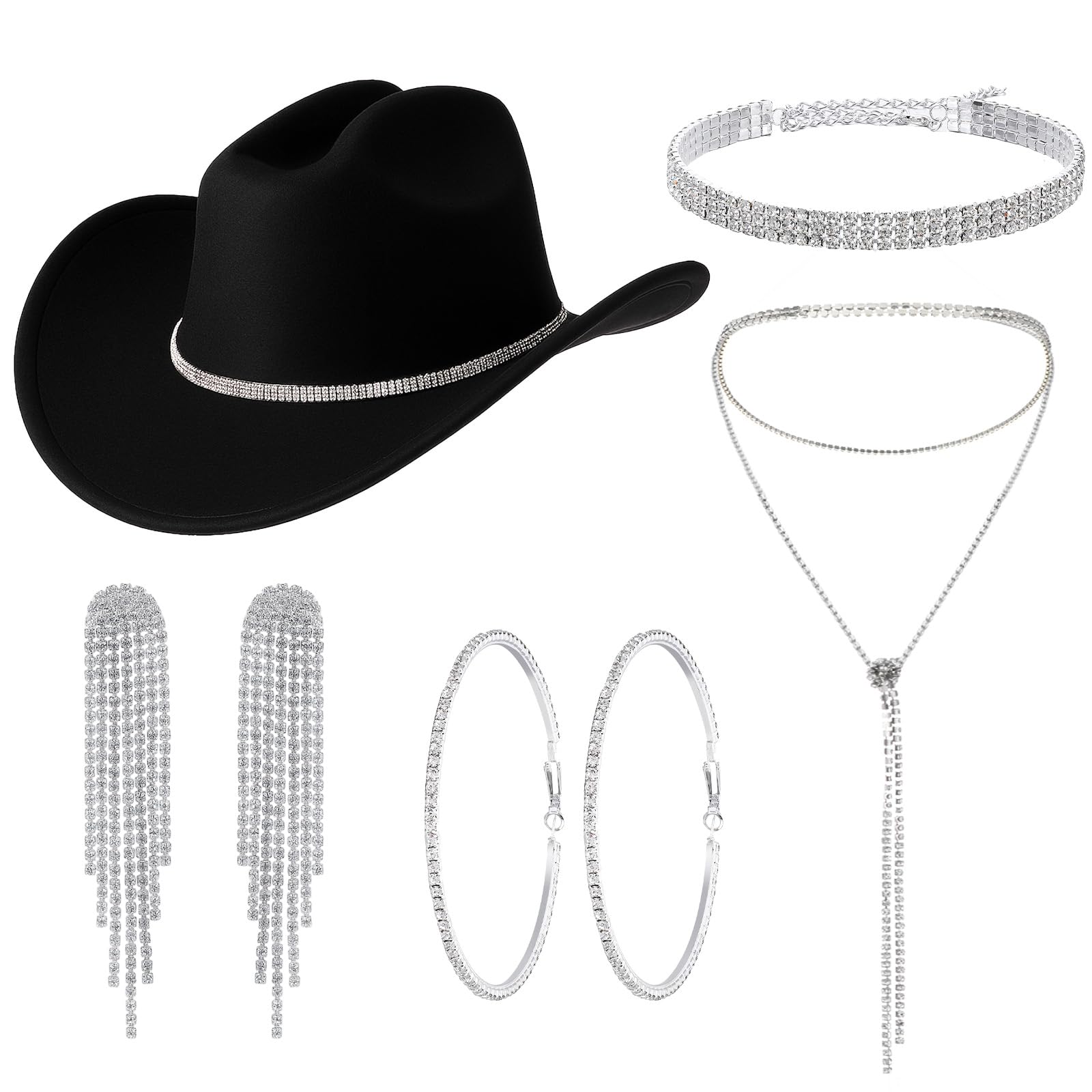 Photo 1 of **PARTIAL SET/ MISSIG 1 PAIR OF EARRINGS** Misdary 6 Pcs Glitter Cowgirl Outfit for Women Rhinestone Cowboy Hat with Silver Rhinestone Jewelry Set Cowboy Costume for Bride Bachelorette Halloween Party