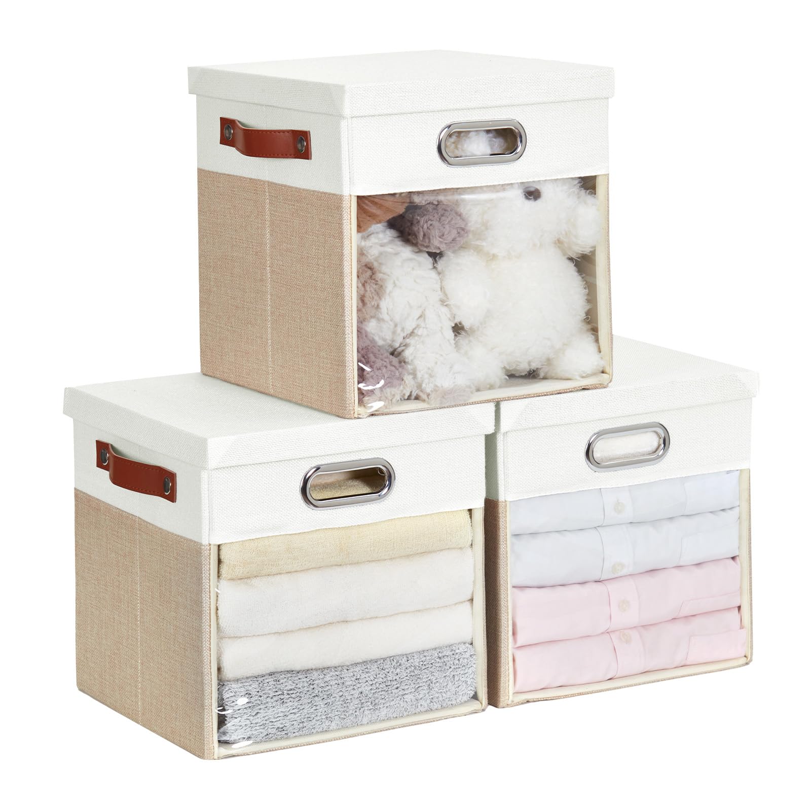 Photo 1 of Roobyl Fabric Storage Cubes with Clear Windows and Lids 11'' Foldable Storage Bins with 3 Handles, Decorative Storage Boxes for Home, Bedroom, Closet, Office (Beige & White)