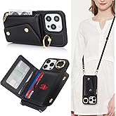Lipvina for iPhone 15 Pro Max Case with Card Holder and Strap - Zipper Pocket,Crossbody Lanyard Strap,Credit Card Holder,Stand Ring,Cute Phone Wallet Case for Women(Black,6.7 Inch)