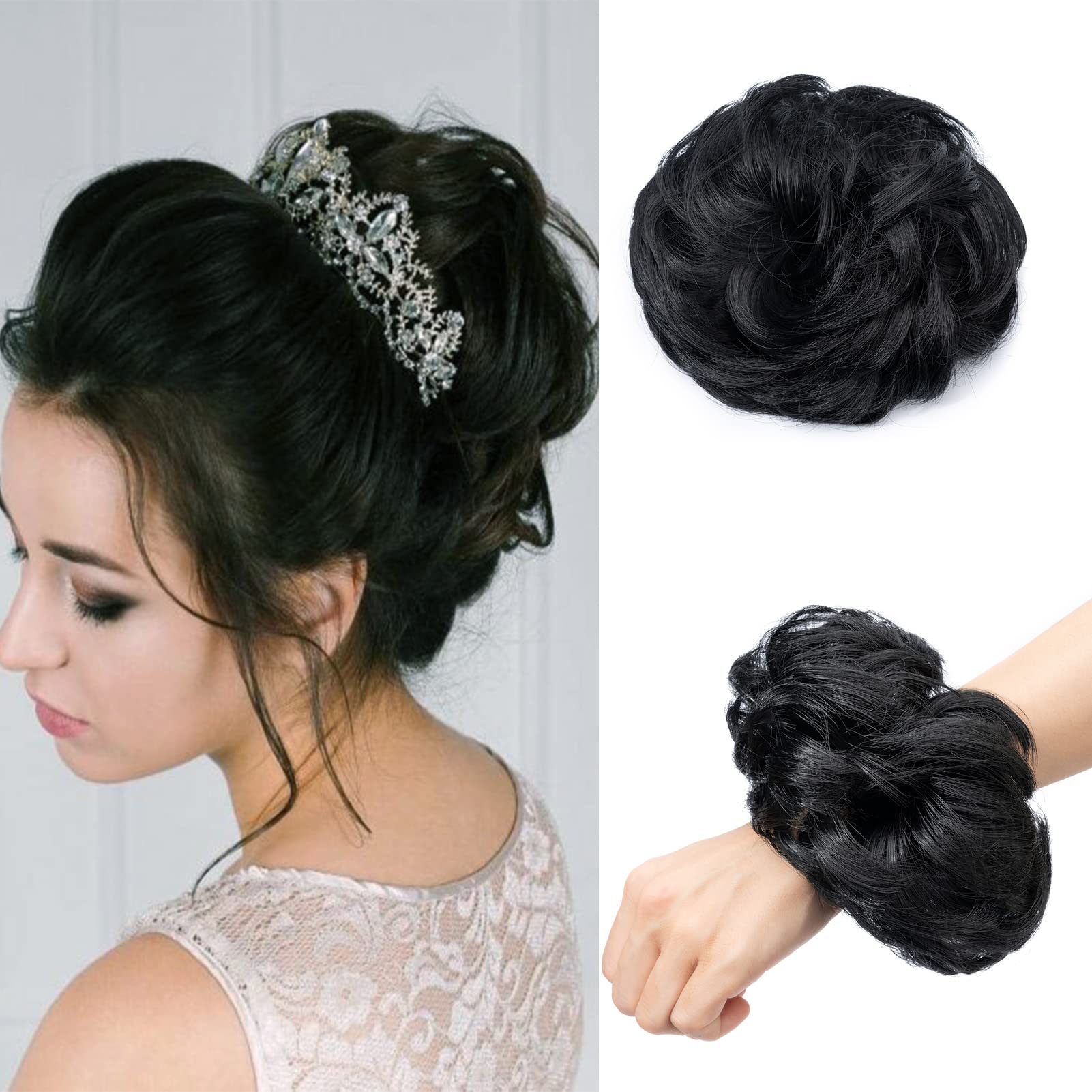 Cybelleza Hair Pieces Scrunchy Hair Bun Updo Messy Hair Bun Donut Chignons Hair Bun Extension Ponytail Wave Curly 30g - Natural Black