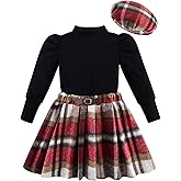 Patgoal Toddler Girl Outfits Puff Sleeve Ribbed Shirt Knitted Tops Pleated Plaid Skirt Set with Hat 3Pcs Fall Winter Clothes
