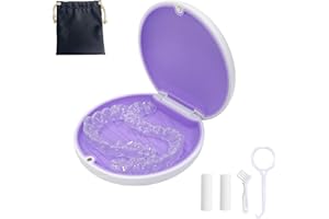 MAOERDENTAL Retainer Case,Cute Slim Aligner Case Compatible with Invisalign,Retainer Holder with Aligner Remover Tool, Chew & Brush,Rope Bag (White Shell Purple Silicone)