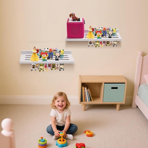 GIEANOO FOR TONIE SHELF, TONIES FIGURES HOLDER FOR WALL DISPLAY 60-75 CHARACTERS SET OF 2 WHITE PINE TONIEBOX PLAYER, CHILDREN’S ROOM DECORATIONS AND GIFTS(16IN+12IN)
