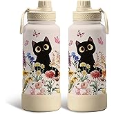 Gift for Cat Lovers - 34oz Black Cat Water Bottle for Girls, Cats Flower Tumbler with Lid, Leak-Proof, Double Wall Travel Mug for Women, Cute Water Bottle for Cats Lover Birthday Christmas (1 pc)