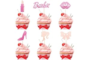 LEISLAM Cake Topper, Glitter Hot Pink Girl Cake Topper, Double Layers Girl Doll Head Princess Cupcake Toppers For Girls Women's Bridal Shower Wedding Baby Shower Birthday Party Decorations (12pcs)