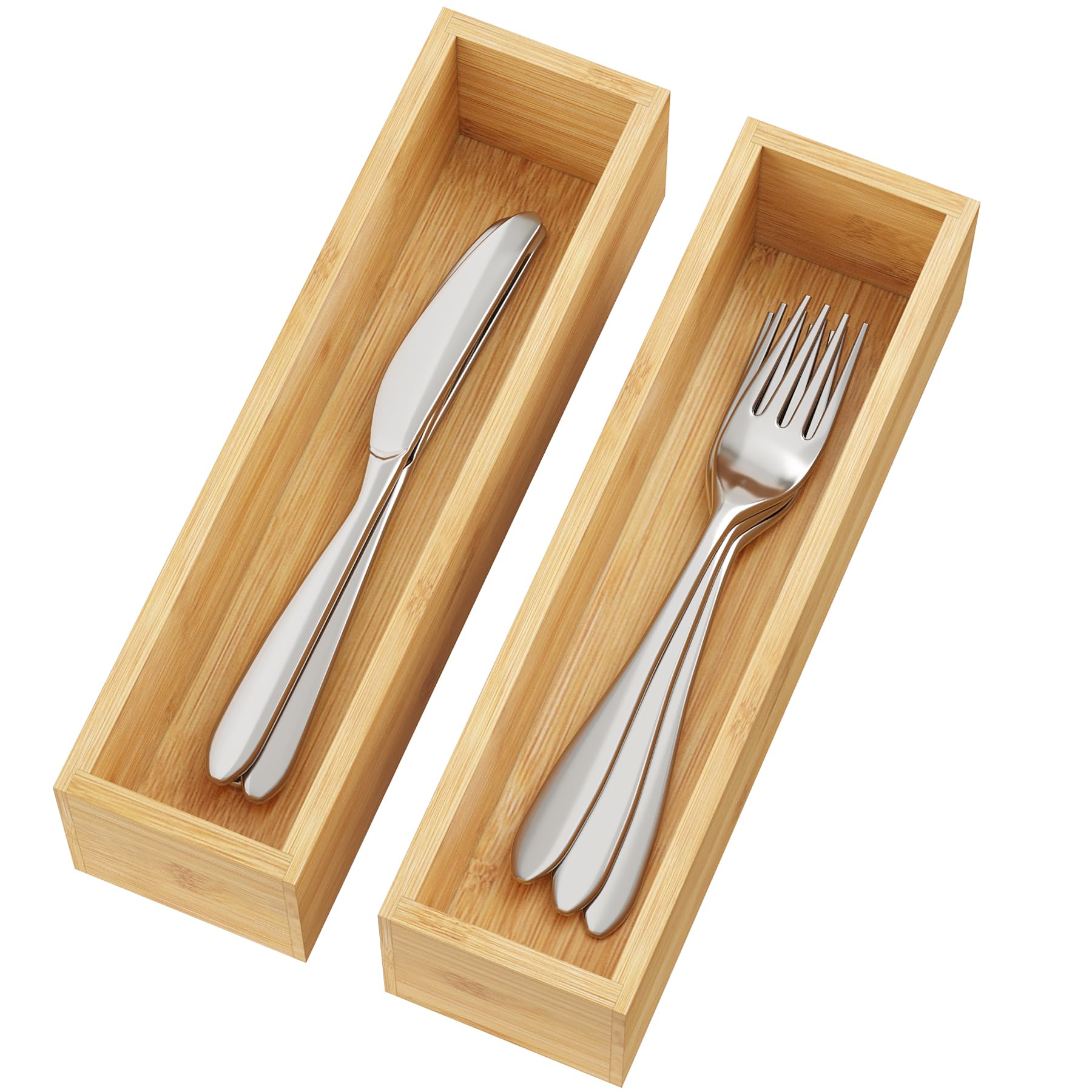 Photo 1 of BAMEOS Kitchen Drawer Organizer,Small Silverware Drawer Organizer,Bamboo Utensil Organizer for Bathroom, Dressing Room, Office, Pantry (Natural, 11"x 3") Set of 2