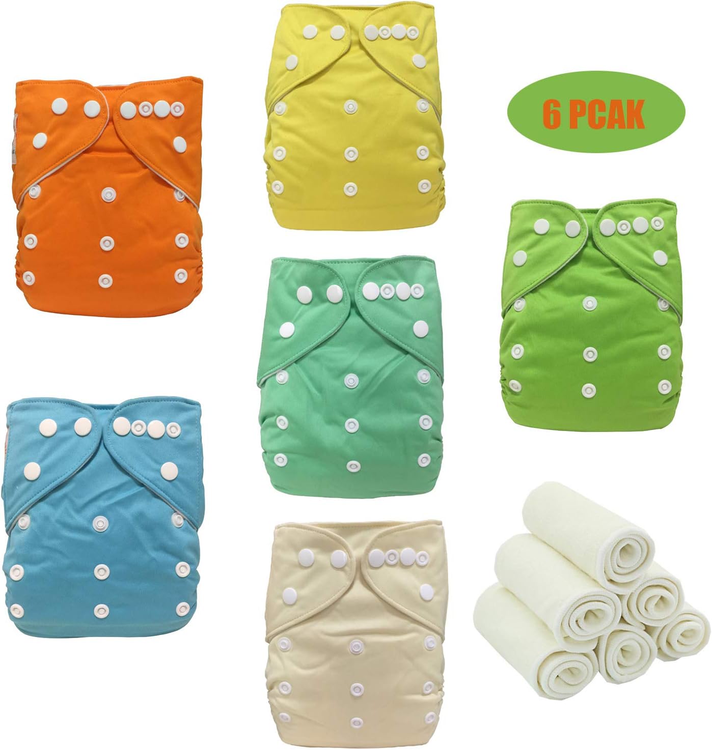Mnapure Cloth Diapers,Reusable Washable All in One Size Pocket Diapers, Adjustable Snap, 6 Pack Cloth Diaper with 1 Insert Each,6 Pcs + 6 Microfiber Insert(Boy-1)