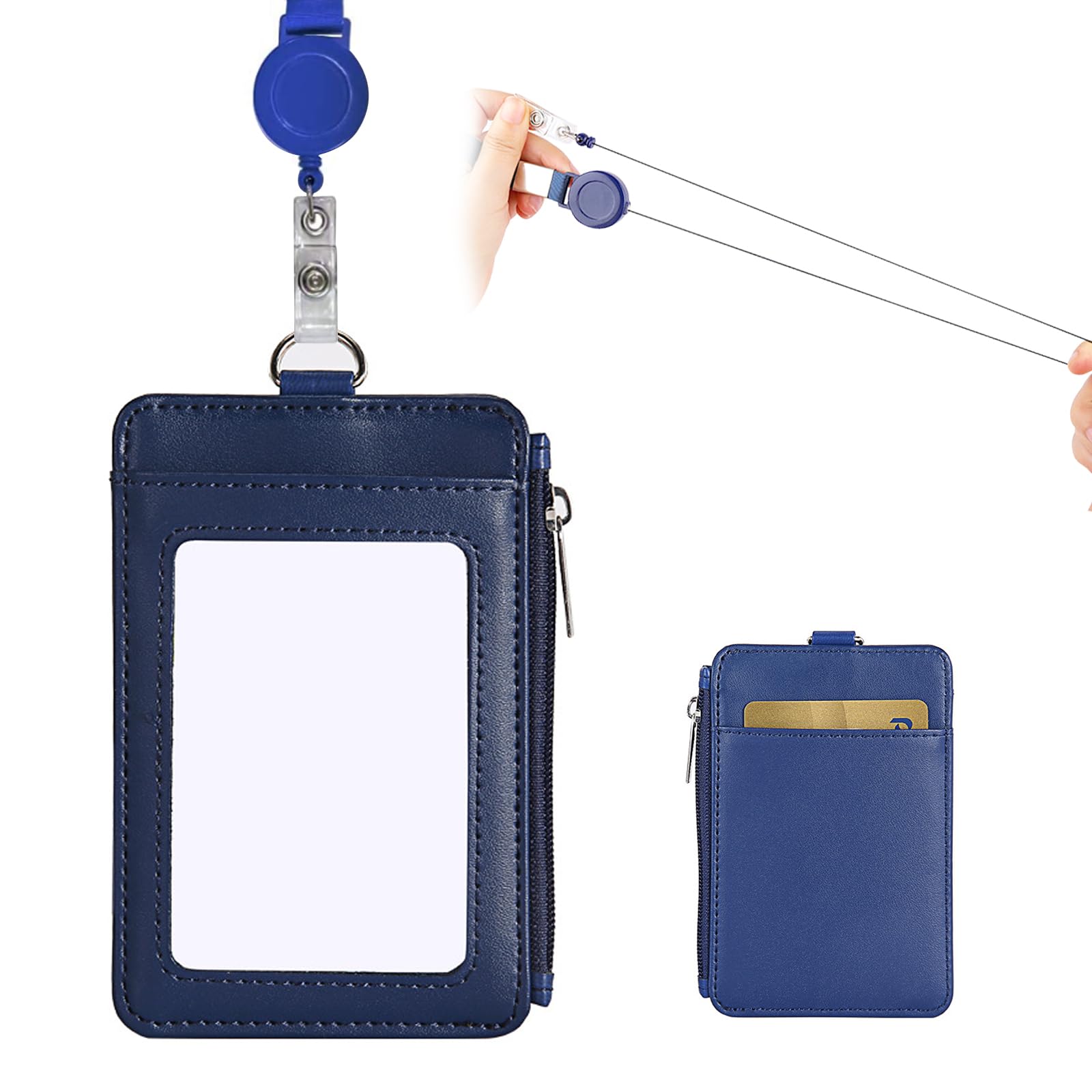 SwirlColor Bus Pass Badge Holders Artificial Leather ID Credit Card Holder Three Pocket Wallet Zippered with Retractable Lanyard (Blue)
