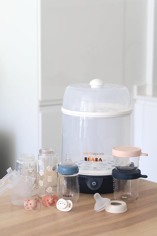 Sterilizzatore per biberon 2 in 1, Evolutivo, elettrico a vapore, 2 in 1, 2 scomparti, fino a 8 biberon e accessori, ultra rapido, timer, Steril'Express, blu notte