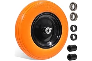 PONTUSS 4.80/4.00-8" Flat Free Tire Wheelbarrow Tire with 3/4 & 5/8 Wheel Bearing 3" Hub 13"-16" Universal Fit Air Less Tire Solid Wheelbarrow Tire for Garden Cart Wagon Ribbed Tread Foamed Polyurethane Tire