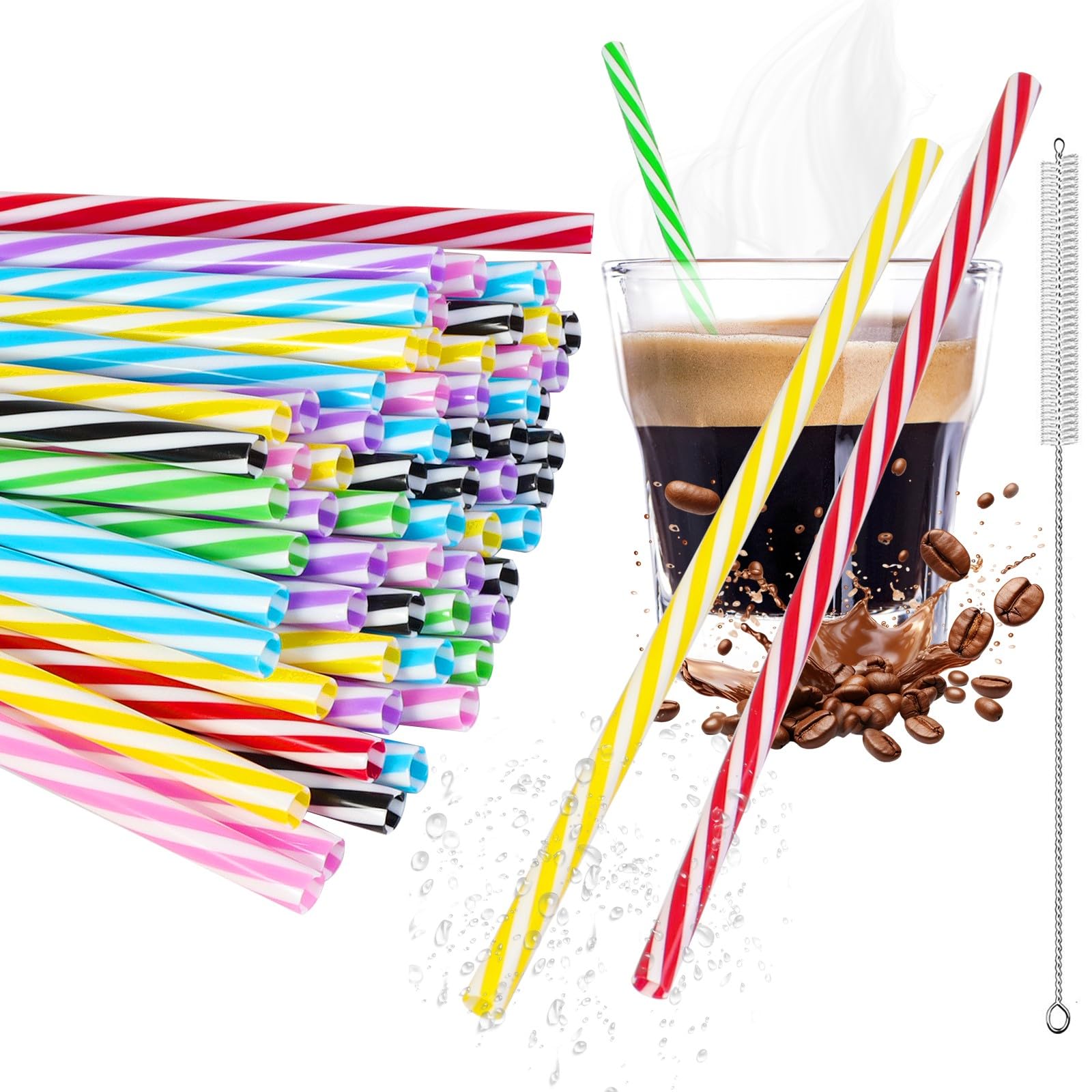 Yaokewin Pack of 100 Reusable, Durable PP Plastic Straws with Straw Brush, Thickened Drinking Straws, for Smoothies, Juice, Cocktail, Hot Drink (9.06 Inches Long, 0.28 Inch Diameter)