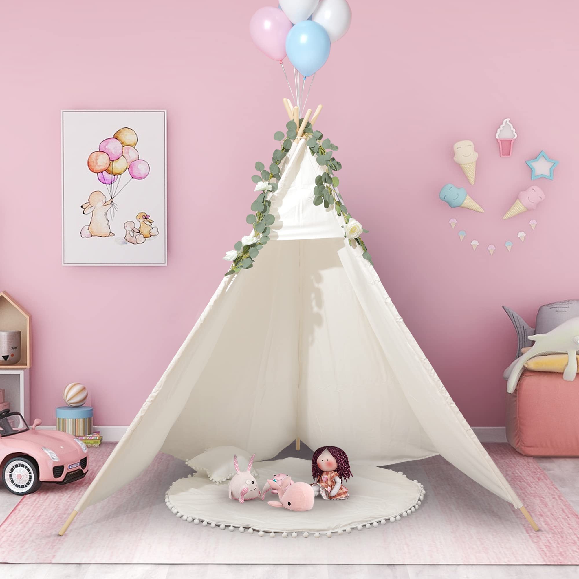 7' Large Teepee Tent for Adults, Play Tent with Carry Bag, 5 Sides Canvas Kids Teepee Tent Indoor & Outdoor Tents for Party, Wedding, Photo Prop, White