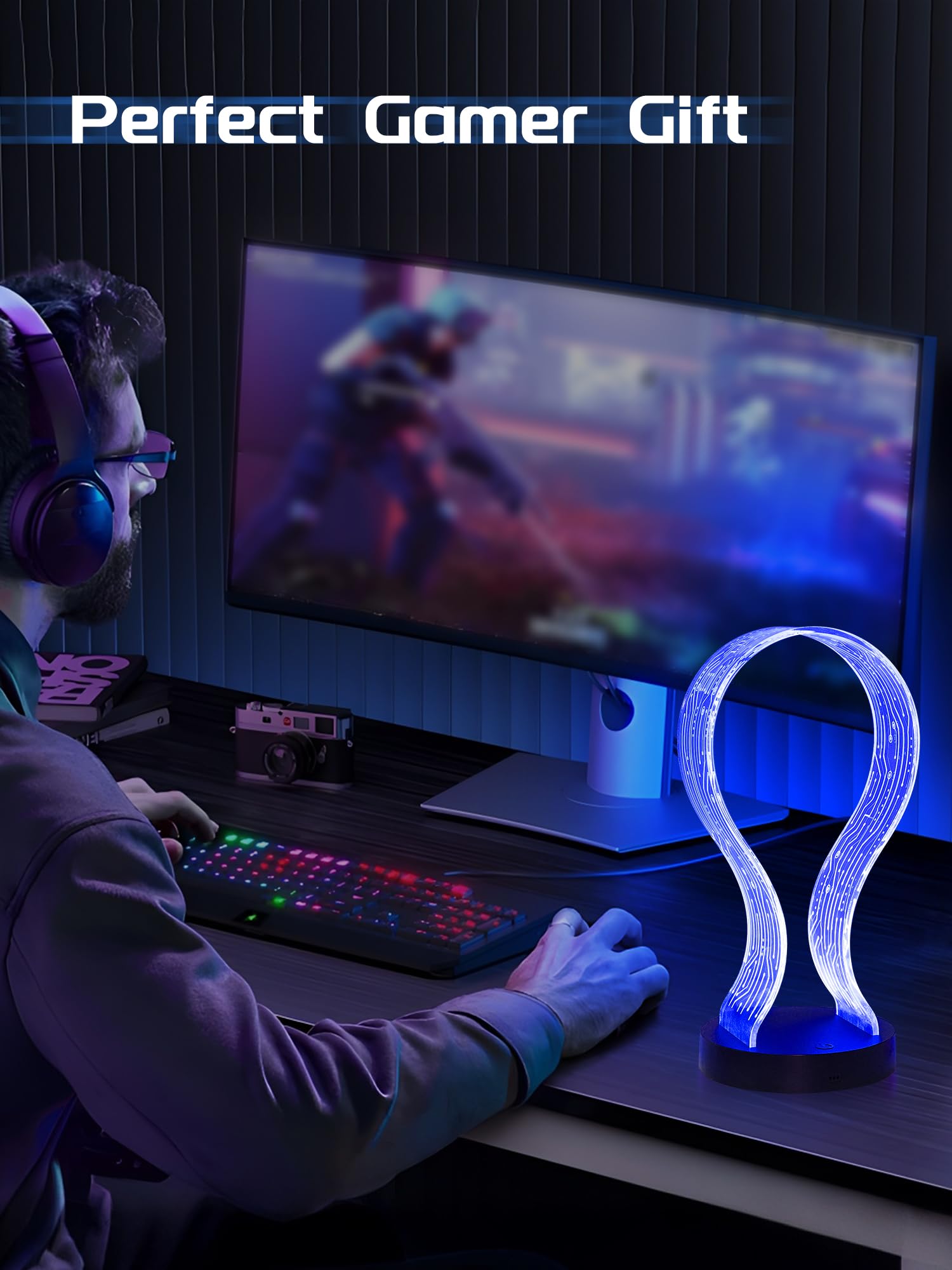 CoolGift Mart Beleuchteter Kopfhörerständer mit 16 Farbe Lichter, PCB-Muster Acryl Kopfhörer Stand mit 1 USB und 1 Typ-C Ladeanschlüsse, Geschenke für Gamer Männer und Musikliebhaber 5