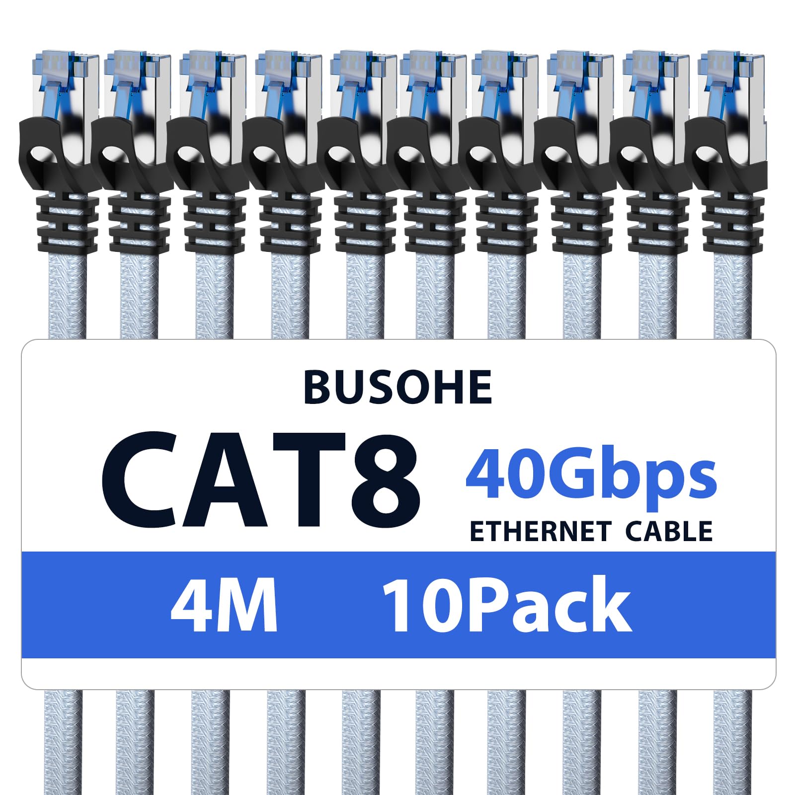 BUSOHE Cat 8 Ethernet Cable 4m (10 Pack), High-Speed 40Gbps 2000MHz Network Cable Braided Flat Gigabit Rj45 STP Shielded Internet Network Lan Cable Cord Compatible with PC, Laptop, Routers, Modem