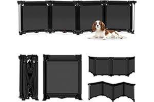 STCOCKIS 24 Inch Tall Freestanding Pet Gate - Easy Step Over, 4 Panel Dog Gate with Suction Cups, 80" Wide Pet Gates for Wide Openings, Foldable Dog Gate Mesh Puppy Gates for The House, No Drilling, Black