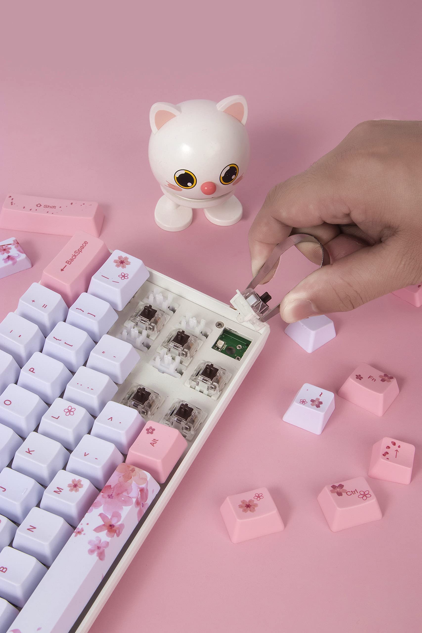 Manbala ZMX Cherry Blossom 61 Mechanical Keyboard,60%Compact Mechanical 61Keys 5.0Bluetooth/Type-C Wired Dual-Mode RGB Backlit Five-Sided Sublimation PBT Keycap Gaming Keyboard (Red Switch, Pink)