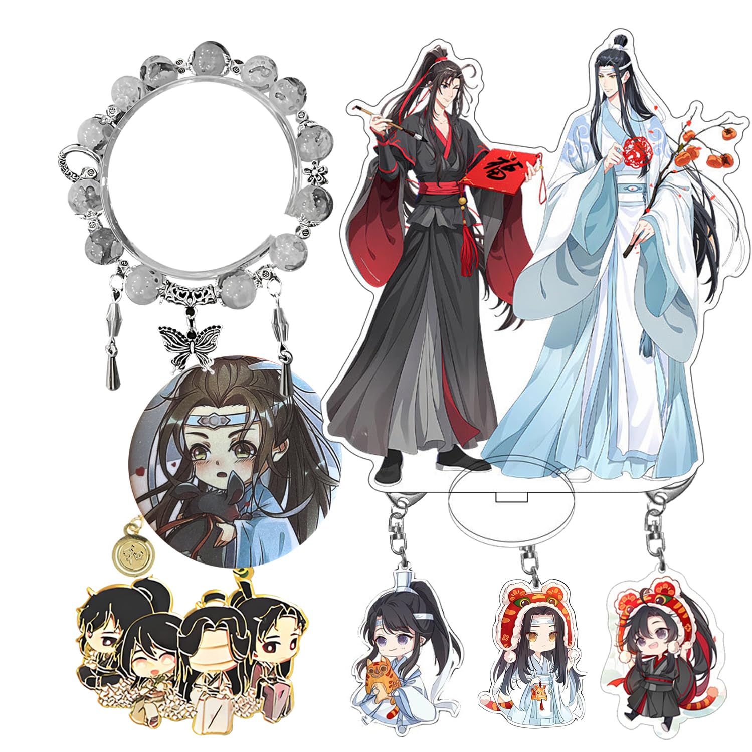 HJYZY Grandmaster of Demonic Cultivation Bracelet LAN Wangji Figure Stand Decoration Mo Dao Zu Shi Bookmark Acrylic Keychains Aime Badge Sets with Stickers 17 Pcs