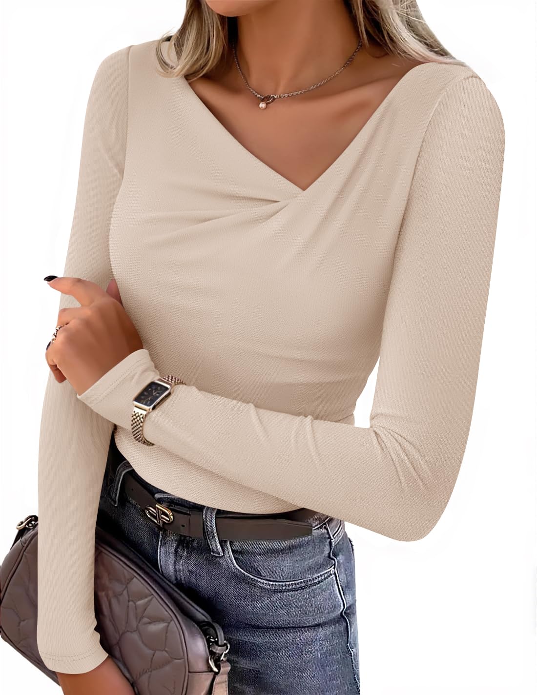 Photo 1 of ***(HEAVILY USED/ MINOR DAMAGE)***ZESICA Women's Long Sleeve Asymmetrical Neck Ruched Slim Fit Shirts 2025 Fall Fashion Business Casual Tops, Sand, XL