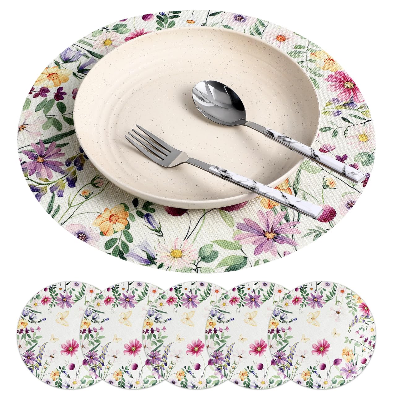 MUCKLILY 6pcs Floral Linen Round Placemats Elegant Flower Table Mats for Dining Tables Washable and Comfortable for Family Use and Spring Decor
