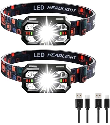 2 Lampes Frontales LED Rechargeables - Capteur Gestuel, 5 Modes, Bandeau Réglable, étanche, Charge Type-C