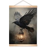 HEYJEEPER Gothic Raven Wall Art Hanging Poster 14x18Inch, Vintage Crow with Lantern Canvas Print, Spooky Haunted House Wall Decor, Dark Academia Artwork, Halloween Wall Decor for Living Room Bedroom,or Gothic Lovers