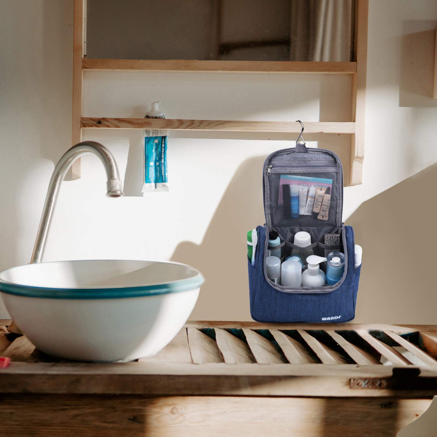 WANDF Hanging Toiletry Bag Travel Cosmetic Organizer Shower Bathroom Bag for Men Women Water-resistant  (M, Denim Navy Blue) : Beauty
