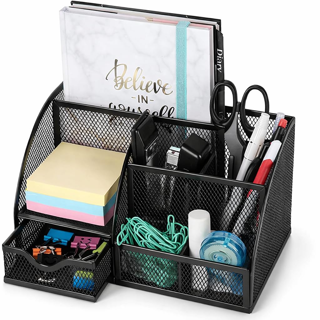 raxter Desk organiser With Drawer Versatile Multifunctional stationary Desktop Organiser Pen Holder for Office home school & Workshop (Black)