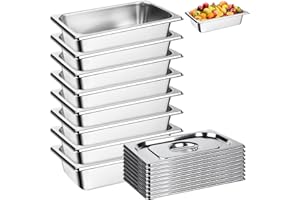 AKODENORA 8Pack Steam Table Pan, 1/4 Stainless Steel Hotel Pans with Lids 2.55" Deep Commercial Food Pans, Anti-Jam Stackable Steam Pans Dishwasher & Oven Safe Food Containers for Catering Buffet Commercial Use