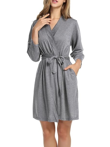 Unibelle Damen Morgenmantel Kurz aus Baumwolle Dünn 3/4 Ärmel Bademantel Kimono Saunamantel Robe Negligee Mit V-Ausschnitt So