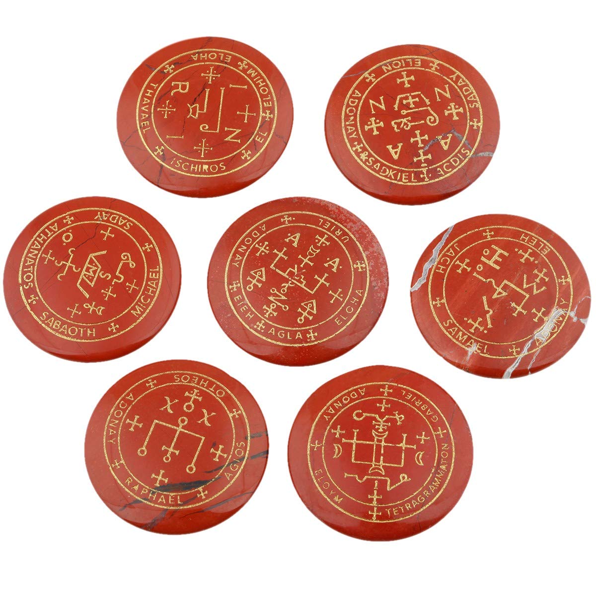 mookaitedecor 7pcs Red Jasper Crystals Healing Crystal Grid Set with Engraved Magic Archangel Sigils Symbol for Meditation Pocket Worry Palm Stones Spiritual Crystal Set Witchcraft Witch Gifts Decor