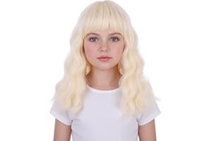 WAVELNM Short Blonde Wigs with Bangs for Kids Girls Light Blonde Curly Wavy Wig with Air Bangs Children Blond Shoulder Length Wig Kids Synthetic Daily Halloween Party Cosplay Wigs