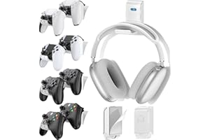 KYTOK Gaming Accessories Controller & Headphone Stand, Wall Mount Holder for 8 Remotes & Foldable Headset Stand, Universal Wall-friendly Game Controller Holder Hanger Hook for Xbox, PS5/4, Nintendo, White