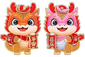 BLUESURGE Chinese New Year Blessing Door Sticker Decorative 2024 New Year Zodiac Dragon Character Ornament Wall Window Clings for Home House Restaurant Store Party Decoration (Pink)