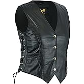 Leatherick Women Top Grain Genuine Buffalo Black Ladies Leather Vests for Motorcycle Bikers