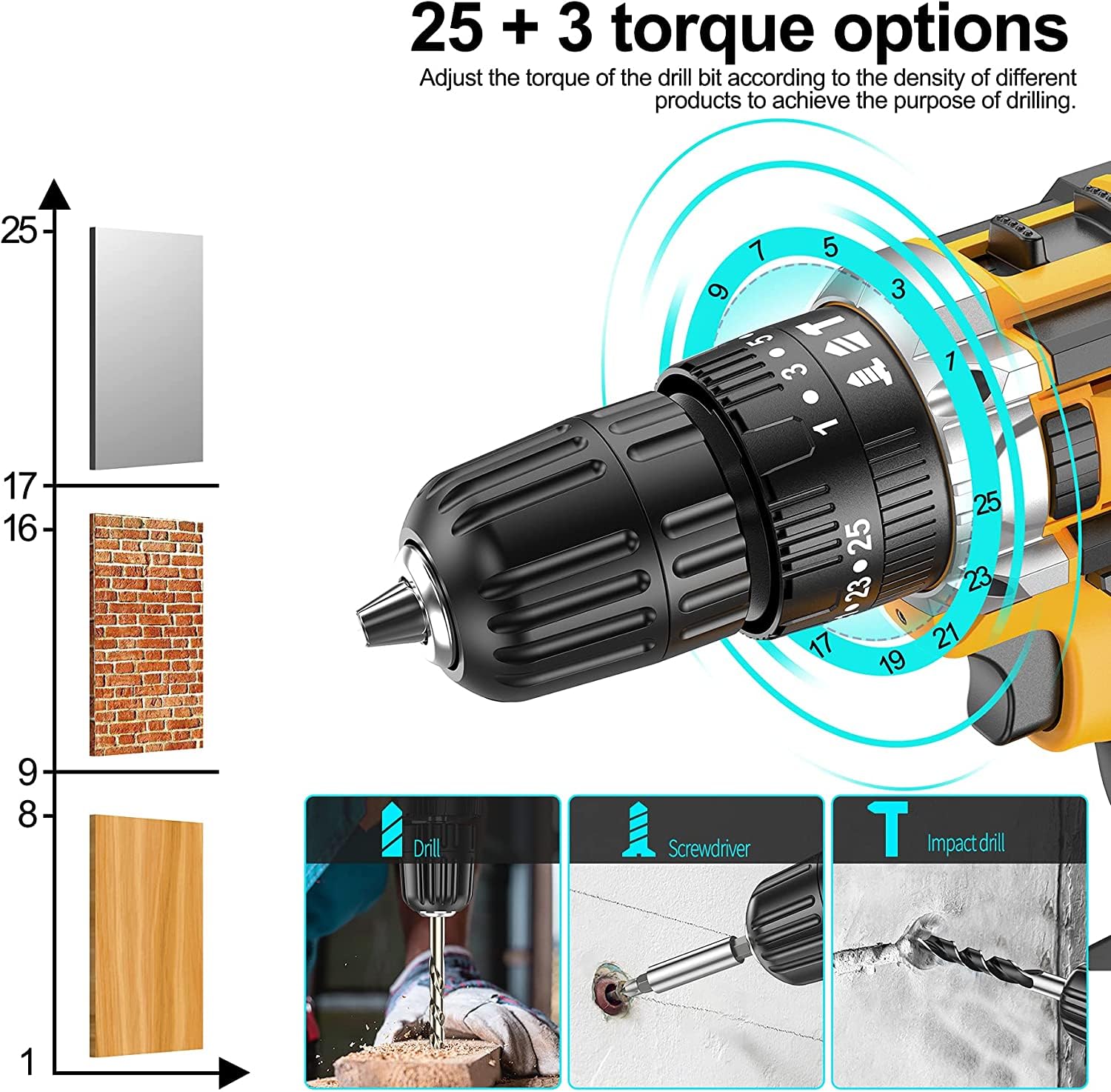 Cordless Drill Set, 21V Power Drill with 2 Battery and Charger,25+3 Torque Setting Electric Drill with 56 Acessories, Built-in 3/8'' Keyless Chuck, LED Light, Max 398 in/lb Electric Screwdriver